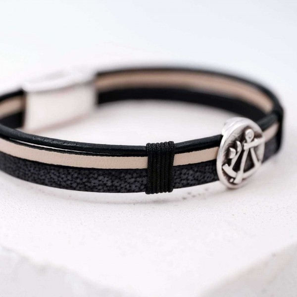 Men's bracelet of genuine leather Leather men's bracelet with metallic silver-plated parts