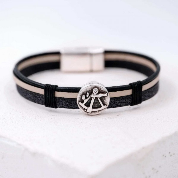 Men's bracelet of genuine leather Leather men's bracelet with metallic silver-plated parts