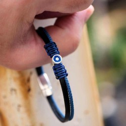 Leather men's bracelet with enamelled evil eye Leather men's bracelet with metallic silver-plated parts and enamelled evil eye
