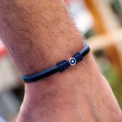 Leather men's bracelet with enamelled evil eye Leather men's bracelet with metallic silver-plated parts and enamelled evil eye