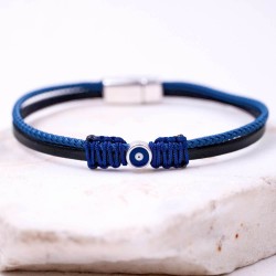 Leather men's bracelet with enamelled evil eye Leather men's bracelet with metallic silver-plated parts and enamelled evil eye