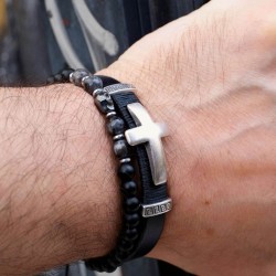 Leather men's bracelet with metal cross Leather men's bracelet with metallic silver-plated parts and cross