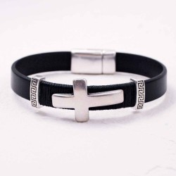 Leather men's bracelet with metal cross Leather men's bracelet with metallic silver-plated parts and cross