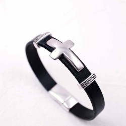 Leather men's bracelet with metal cross Leather men's bracelet with metallic silver-plated parts and cross