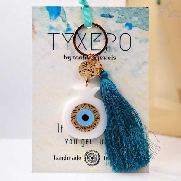 Μπρελόκ Γούρι Ρόδι Πλέξιγκλας Χειροποίητο μπρελόκ γούρι με ρόδι και μάτι