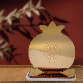 Gold Mirror Plexiglass Tabletop Charm 'Mystique' - Pomegranate & Evil Eye