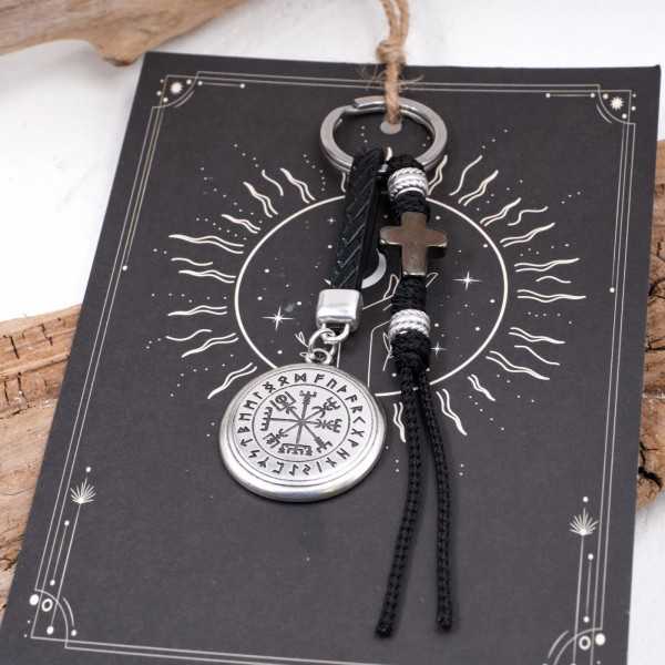 Vegvisir Men's Keychain - The Wayfinder Handmade men's key-chain made of braided leather, gunmetal cross and silver-plated parts