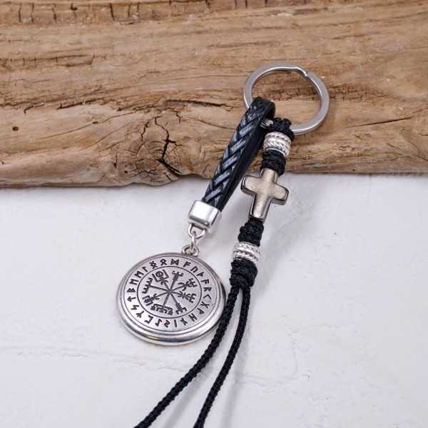 Vegvisir Men's Keychain - The Wayfinder Handmade men's key-chain made of braided leather, gunmetal cross and silver-plated parts