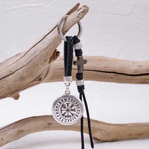 Vegvisir Men's Keychain - The Wayfinder Handmade men's key-chain made of braided leather, gunmetal cross and silver-plated parts