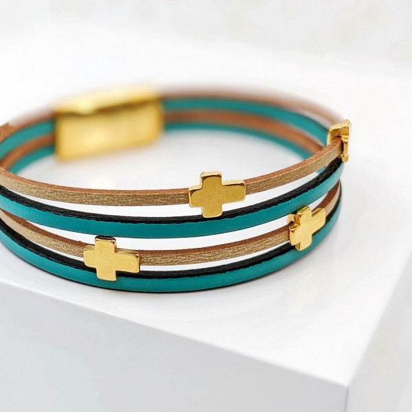 Leather bracelet with gold-plated metal crosses Handmade leather bracelet with gold-plated metal crosses