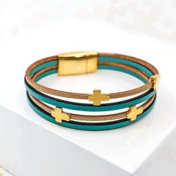 Leather bracelet with gold-plated metal crosses Handmade leather bracelet with gold-plated metal crosses