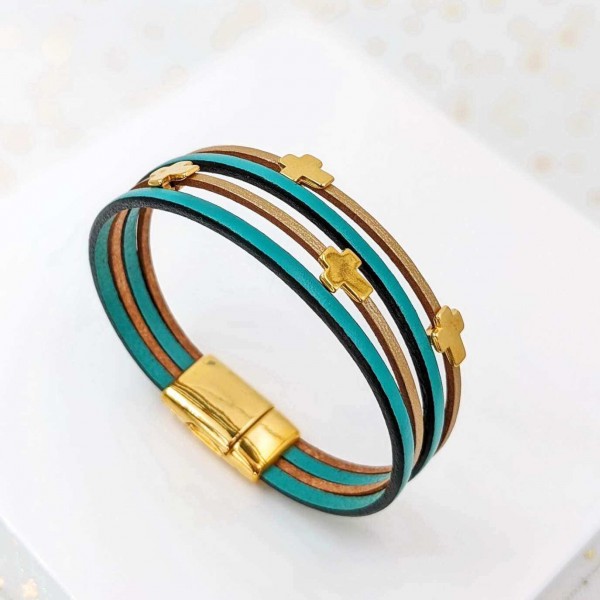 Leather bracelet with gold-plated metal crosses Handmade leather bracelet with gold-plated metal crosses