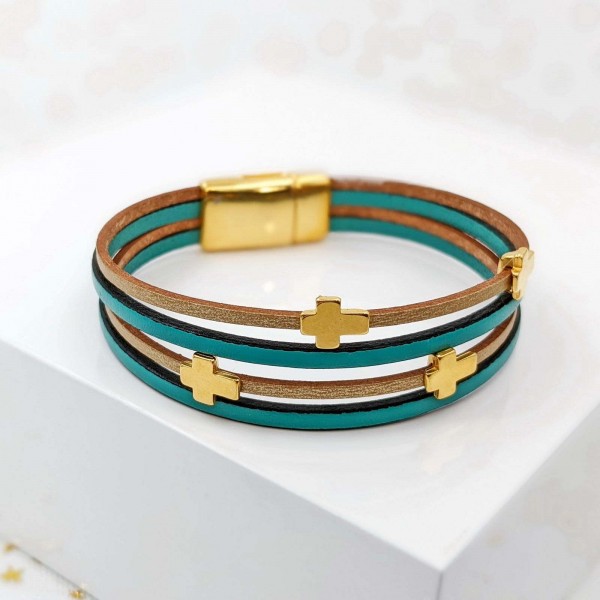 Leather bracelet with gold-plated metal crosses Handmade leather bracelet with gold-plated metal crosses