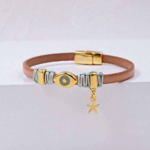 Evil Eye Leather Bracelet Handmade leather bracelet with gold-plated metal parts and enamelled evil eye