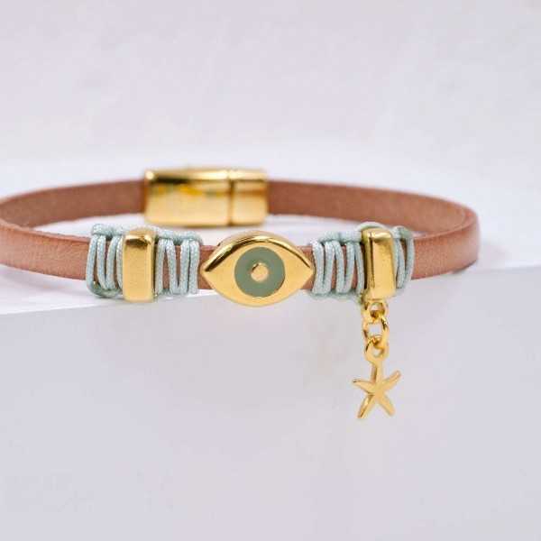 Evil Eye Leather Bracelet Handmade leather bracelet with gold-plated metal parts and enamelled evil eye