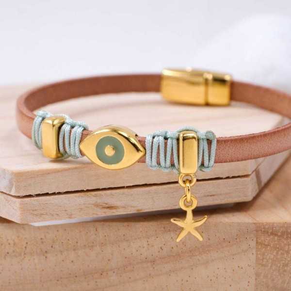 Evil Eye Leather Bracelet Handmade leather bracelet with gold-plated metal parts and enamelled evil eye