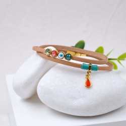 Δερμάτινο Βραχιόλι Μάτι Χειροποίητο δερμάτινο βραχιόλι με επίχρυσα στοιχεία, μάτι από σμάλτο και κρύσταλλα Αυστρίας