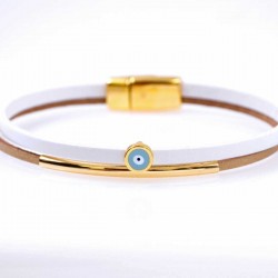 Women's bracelet made of leather with evil eye Handmade leather bracelet with gold-plated metal parts and enamelled evil eye