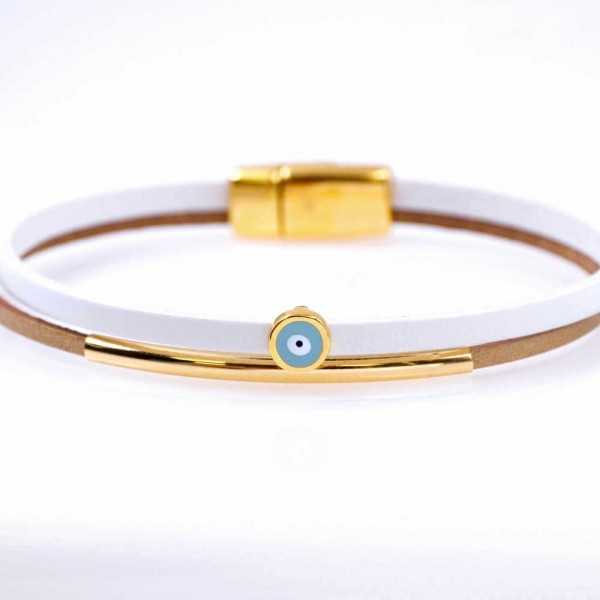 Women's bracelet made of leather with evil eye Handmade leather bracelet with gold-plated metal parts and enamelled evil eye