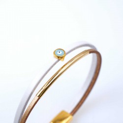 Women's bracelet made of leather with evil eye Handmade leather bracelet with gold-plated metal parts and enamelled evil eye