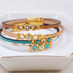 Σετ 4 Δερμάτινα Βραχιόλια με Μάτι Σετ 4 δερμάτινα βραχιόλια με επίχρυσα στοιχεία, κρύσταλλα και σμάλτο