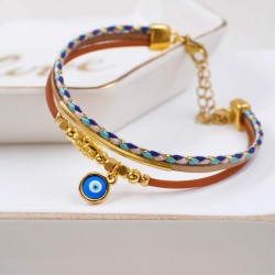 Leather Bracelet with Evil Eye Handmade leather bracelet with gold-plated enamelled evil eye