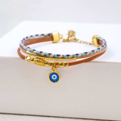 Leather Bracelet with Evil Eye Handmade leather bracelet with gold-plated enamelled evil eye