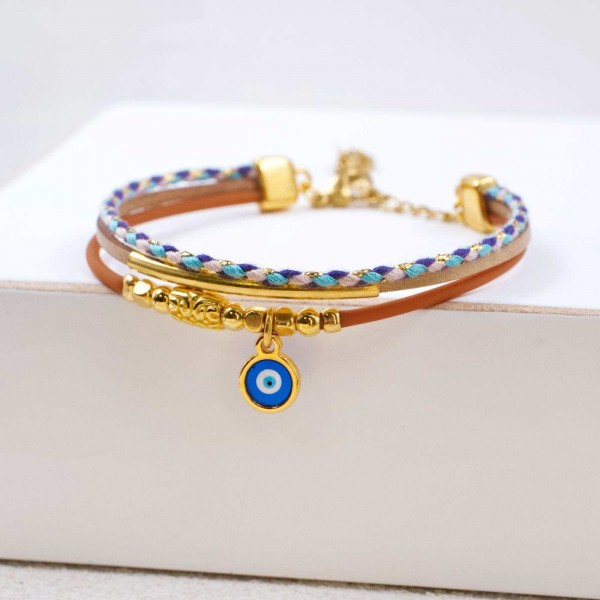 Leather Bracelet with Evil Eye Handmade leather bracelet with gold-plated enamelled evil eye