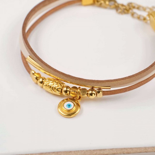 Leather Bracelet with Evil Eye Handmade leather bracelet with gold-plated enamelled evil eye