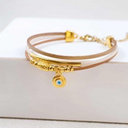 Leather Bracelet with Evil Eye Handmade leather bracelet with gold-plated enamelled evil eye