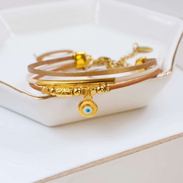 Leather Bracelet with Evil Eye Handmade leather bracelet with gold-plated enamelled evil eye