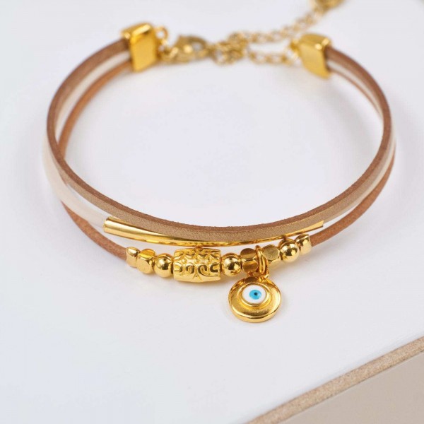 Leather Bracelet with Evil Eye Handmade leather bracelet with gold-plated enamelled evil eye