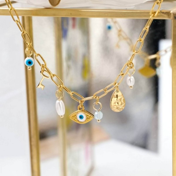 Chain bracelet with gold-plated parts and evil eye Handmade bracelet made of chain with gold-plated metal parts