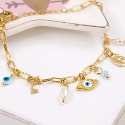 Chain bracelet with gold-plated parts and evil eye Handmade bracelet made of chain with gold-plated metal parts