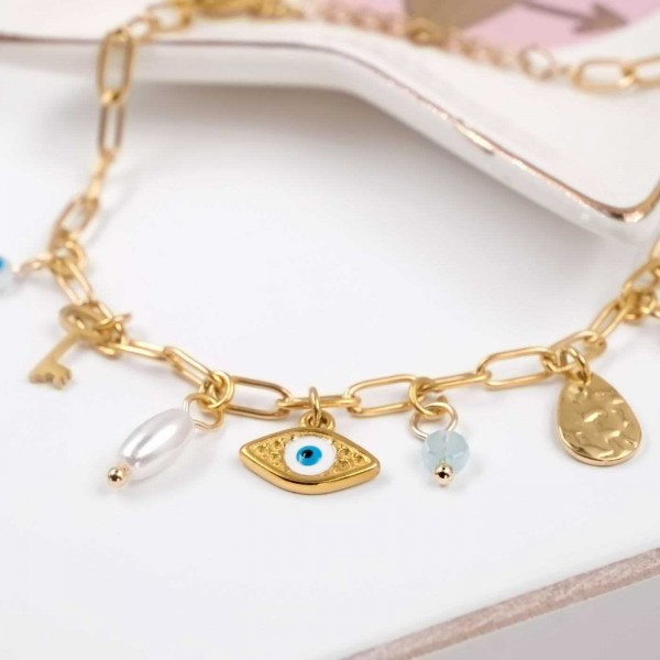 Chain bracelet with gold-plated parts and evil eye Handmade bracelet made of chain with gold-plated metal parts