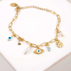Chain bracelet with gold-plated parts and evil eye Handmade bracelet made of chain with gold-plated metal parts