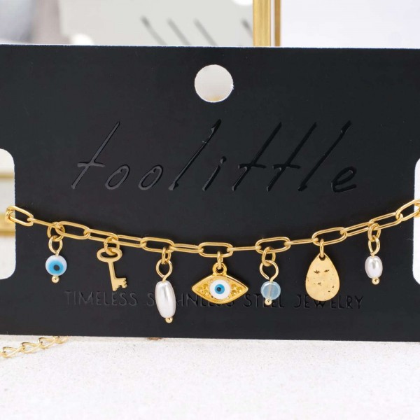 Chain bracelet with gold-plated parts and evil eye Handmade bracelet made of chain with gold-plated metal parts