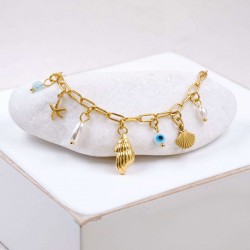 Chain bracelet with sea elements and evil eye Handmade bracelet made of chain with gold-plated metal parts