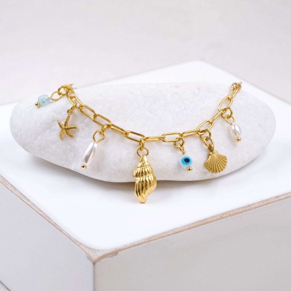 Chain bracelet with sea elements and evil eye Handmade bracelet made of chain with gold-plated metal parts