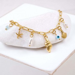 Chain bracelet with sea elements and evil eye Handmade bracelet made of chain with gold-plated metal parts
