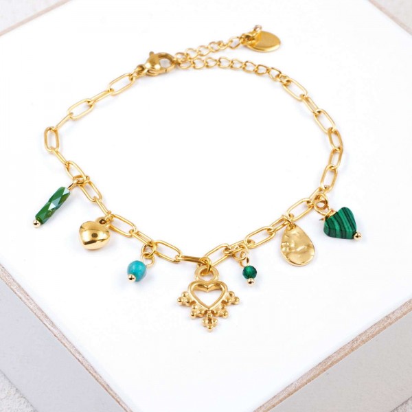 Chain bracelet with gold-plated parts and heart Handmade bracelet made of chain with gold-plated metal parts