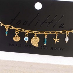 Chain bracelet with sea elements and evil eye Handmade bracelet made of chain with gold-plated metal parts