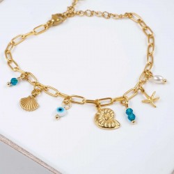 Chain bracelet with sea elements and evil eye Handmade bracelet made of chain with gold-plated metal parts