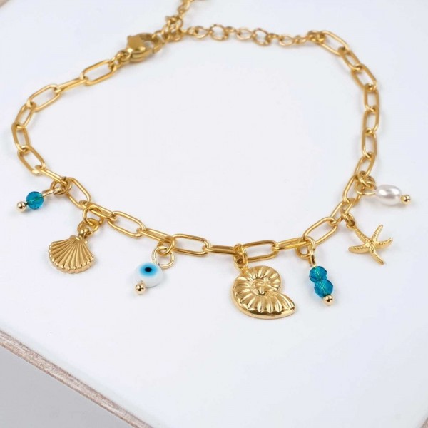 Chain bracelet with sea elements and evil eye Handmade bracelet made of chain with gold-plated metal parts