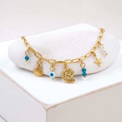 Chain bracelet with sea elements and evil eye Handmade bracelet made of chain with gold-plated metal parts