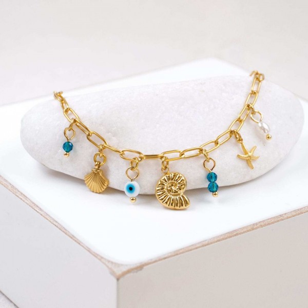 Chain bracelet with sea elements and evil eye Handmade bracelet made of chain with gold-plated metal parts