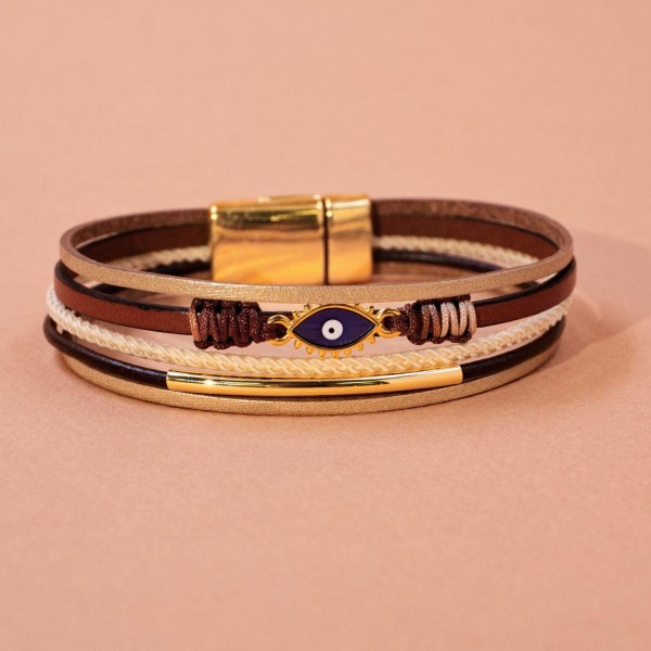 Leather bracelet with evil eye Handmade leather bracelet with gold-plated metal parts and enamelled evil eye