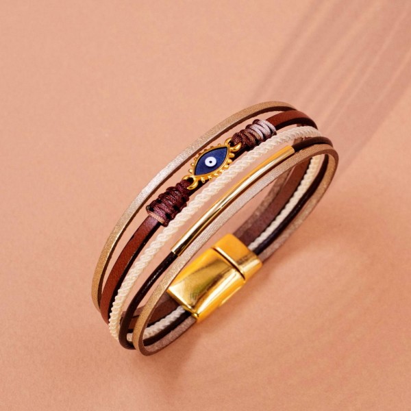 Leather bracelet with evil eye Handmade leather bracelet with gold-plated metal parts and enamelled evil eye