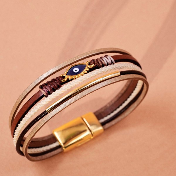 Leather bracelet with evil eye Handmade leather bracelet with gold-plated metal parts and enamelled evil eye