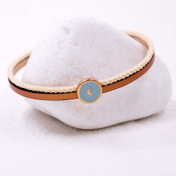 Leather bracelet with enamelled metal round part Handmade leather bracelet with rose gold-plated metal parts and enamel